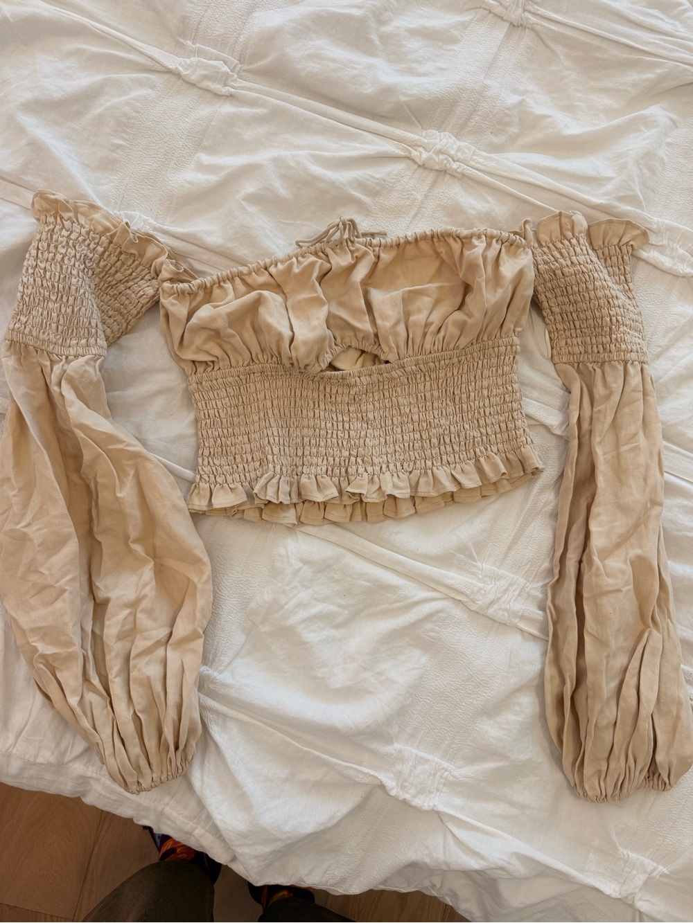 Cami NYC Beige Smocked Off-Shoulder Crop Top